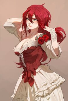 Rule 34 | absurdres, breasts, brown background, dress, flower, green eyes, highres, long hair, looking to the side, medium breasts, ori dal, original, red dress, red flower, red hair, red rose, rose, white dress