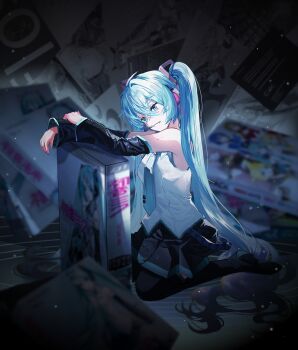 1girl absurdly_long_hair absurdres aqua_eyes aqua_hair aqua_necktie aqua_trim arm_rest bare_shoulders belt black_boots black_skirt black_sleeves boots box_art character_name collared_shirt dark detached_sleeves double-parted_bangs grin hatsune_miku headset highres kneeling long_hair looking_afar loose_belt miniskirt necktie number_tattoo prsk2339 shirt shoulder_tattoo skirt sleeveless sleeveless_shirt smile tattoo thigh_boots twintails very_long_hair vocaloid white_shirt