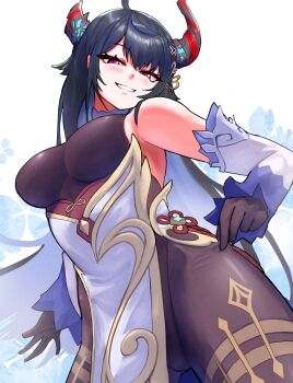 1girl absurdres ahoge asymmetrical_horns bare_shoulders bell black_gloves black_hair blue_hair blush bodystocking breasts chinese_knot colored_inner_hair cosplay cowbell crystal_horns demon_horns detached_sleeves flower flower_knot ganyu_(genshin_impact) ganyu_(genshin_impact)_(cosplay) genshin_impact gloves gold_trim hair_between_eyes hair_ornament halterneck highres hololive hololive_english horn_flower horns jewelry large_breasts leotard leotard_under_clothes long_hair long_sleeves looking_at_viewer mole mole_under_eye multicolored_hair neck_bell nerissa_ravencroft pantyhose qingxin_flower red_eyes sidelocks simple_background smile solo thighlet two-tone_hair uneven_horns very_long_hair virtual_youtuber white_background yodokogon