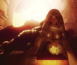 10s 1girl 3d 60fps animated artist_request bandai bandai_namco bed bedroom breast_rest breasts breathing brown_hair cleavage closed_eyes cloth criss-cross_halter dark_souls_(series) dark_souls_i female_focus fromsoftware giant giantess halterneck headdress highres indoors interpolated large_breasts light_smile long_hair looping_animation lying namco on_bed on_side orange_theme pillow queen_of_sunlight_gwynevere resized resting revealing_clothes ribbon solo sunlight third-party_edit upscaled video