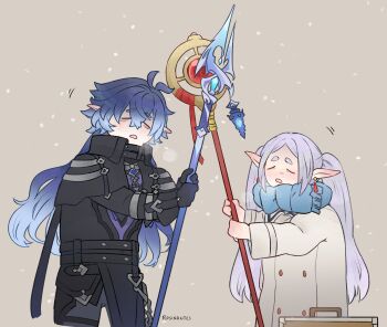 1boy 1girl antenna_hair black_capelet black_coat black_gloves blue_hair blue_scarf capelet closed_eyes coat cold commentary crossover double-parted_bangs english_commentary flins_(genshin_impact) frieren genshin_impact gloves gradient_hair grey_background grey_coat grey_hair highres holding holding_polearm holding_staff holding_weapon long_sleeves multicolored_hair open_mouth parted_bangs pointy_ears polearm rosinantes scarf snowing sousou_no_frieren staff suitcase twintails weapon