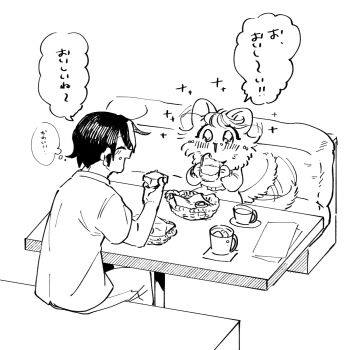 1boy 1girl :3 ^_^ afterimage animal_hands basket blush closed_eyes cocri crumbs cup ear_wiggle facing_another food food_on_face from_behind furry furry_female greyscale hand_up hands_up happy highres holding holding_food indoors japanese_text koharu_(cocri) long_sleeves looking_at_another monochrome motion_lines multicolored_hair open_mouth original pants paper princess_koyuki_(cocri) seat shirt short_hair short_sleeves sitting sketch smile sparkle speech_bubble streaked_hair swept_bangs table tail tail_wagging talking translated two-tone_hair