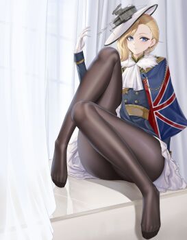 1girl ascot azur_lane black_pantyhose blonde_hair blue_capelet blue_eyes capelet earrings frilled_ascot frills gloves hair_over_shoulder hat highres hood_(azur_lane) jewelry long_legs looking_at_viewer pantyhose smile solo thighs toes union_jack union_jack_print user_xujn5742 white_gloves
