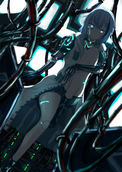1girl absurdres android blue_eyes c4_art closed_mouth coat commentary_request dutch_angle expressionless full_body grey_shorts hair_between_eyes highres hood hood_down hooded_coat legs looking_at_viewer machine mechanical_arms monitor multiple_screens original science_fiction screen short_hair short_shorts shorts solo white_coat white_hair wire