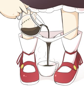 1girl coffee coffee_pot cup dress female_focus frilled_dress frills head_out_of_frame jagabutter lower_body panties panties_around_ankles panties_around_leg panty_pull pouring rumia shoes simple_background socks solo standing steam touhou underwear white_background white_socks