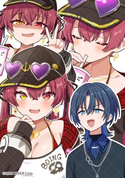 Rule 34 | 2girls, baseball cap, black hair, black hat, black sweater, blue eyes, blue hair, blue shirt, breasts, cleavage, cup, drinking, drinking straw, eyewear on head, eyewear on headwear, hat, heart pendant, hiodoshi ao, hololive, hololive dev is, houshou marine, houshou marine (summer), long hair, multicolored hair, multiple girls, shirt, short hair, sweater, torinokawori, twintails, two-tone hair, virtual youtuber, w, white shirt