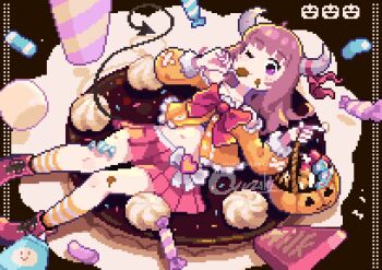 1girl ahoge blush_stickers boots bow bowtie candy closed_mouth commentary demon_tail food full_body halloween halloween_bucket horns lace-up_boots long_hair long_sleeves looking_at_viewer lying navel on_back orange_shirt orange_socks original oyuzaki_(ayuzaki) pixel_art purple_eyes purple_hair red_boots red_bow red_bowtie shirt socks solo striped_clothes striped_socks tail white_horns