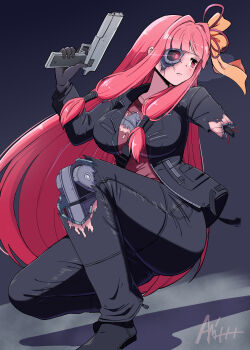 Rule 34 | 1girl, absurdres, android, black background, black footwear, black pants, black suit, breasts, commission, cosplay, costume switch, damaged, expressionless, formal clothes, glowing, glowing eye, gun, hair ribbon, highres, holding, holding gun, holding weapon, jacket, kotonoha akane, long hair, mechabare, pants, pink hair, pixiv commission, ribbon, solo, squatting, suit, t-800, t-800 (cosplay), terminator (series), terminator 2: judgment day, the terminator, turtleneck, voiceroid, weapon, yayoi841