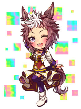 1girl animal_ears blush bodice boots breasts brown_hair chibi chibi_only choker collarbone commentary_request corset cropped_jacket full_body garter_straps highres horse_ears horse_girl horse_tail jacket large_breasts long_sleeves looking_at_viewer mejiro_ryan_(umamusume) midriff_peek multicolored_hair navel one_eye_closed open_mouth overskirt pendant_choker purple_choker purple_eyes purple_garter_straps purple_thighhighs red_corset red_shorts shirt short_hair shorts smile solo standing standing_on_one_leg star_(symbol) starting_future_(umamusume) sugimotty_nova tail teeth thighhighs two-tone_hair umamusume upper_teeth_only white_boots white_hair white_jacket white_shirt wristband