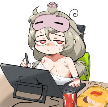 1girl bare_shoulders blush breast_rest breasts breasts_on_table can chair chips_(food) cleavage collarbone commentary_request drink_can eye_mask food grey_hair half-closed_eyes highres indie_virtual_youtuber key large_breasts lay's_(potato_chips) long_hair looking_at_viewer low-tied_long_hair mask mask_on_head mixed-language_commentary monkey nervous_sweating off_shoulder office_chair on_chair original potato_chips saru_(monkey_magic3) saruko_(vtuber) shirt simple_background sitting soda_can solo stylus sweat swivel_chair twintails upper_body virtual_youtuber white_background white_shirt