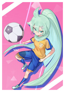 Rule 34 | 1girl, antenna hair, aqua hair, ball, ganbariiiyo, inazuma eleven (series), inazuma eleven go, long hair, manto (inazuma eleven), shorts, soccer ball, soccer uniform, solo, sportswear