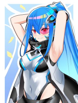 Rule 34 | 1girl, argostars - glorious adra, armpits, arms behind head, blue background, blue hair, blush, border, breasts, coat, commentary request, cowboy shot, duel monster, high ponytail, highres, leotard, long hair, ponytail, purple eyes, scouter, small breasts, smile, solo, synchroman, white border, white coat, white leotard, yu-gi-oh!