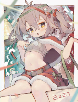 Rule 34 | 1girl, 2021, :o, absurdres, armpits, blush, boots, border, bow, brown boots, brown hair, capelet, christmas, commentary, crop top, cropped sweater, crossed bangs, dated commentary, dot nose, feet out of frame, fur-trimmed capelet, fur-trimmed skirt, fur trim, green bow, hair between eyes, hair bow, hands up, highres, looking at viewer, midriff, navel, nep (nep 76), open mouth, original, outside border, red bow, red capelet, red skirt, short hair, sitting, skirt, skirt bow, sleeveless, sleeveless sweater, solo, striped bow, sweater, twintails, white border, yellow eyes