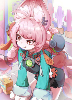 1girl absurdres animal_ear_fluff animal_ear_piercing animal_ears braid braided_twintails commentary_request drink_carton drinking_straw furry furry_female green_shirt hair_ornament highres juice_box licking_lips pink_fur rabbit_ears rabbit_girl red_eyes screw shirt short_eyebrows solo sphere_hair_ornament thick_eyebrows tongue tongue_out y_c_n zenless_zone_zero zhao_(zenless_zone_zero)