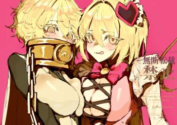 Rule 34 | 2girls, @ @, blonde hair, blush, bow, breast press, breasts, cape, chain, cleavage, clone, commentary, covered mouth, don quixote (project moon), dress, e.g.o (project moon), heart, in the name of love and hate (e.g.o), index (identity) (project moon), large breasts, limbus company, lobotomy corporation (identity) (project moon), looking at viewer, multiple girls, pink background, pink bow, pink dress, project moon, ritaritatter96, short hair, simple background, smile, symmetrical docking, tongue, tongue out, untranslatable commentary, yellow eyes
