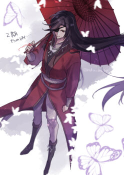 1boy arm_at_side beads belt black_boots black_hair boots bracelet braid bug butterfly butterfly_necklace chinese_clothes clenched_hand closed_mouth collarbone dated eyepatch fduki_maro floating_hair footwear_ornament from_above full_body glowing_butterfly hair_beads hair_ornament hand_up hanfu highres holding holding_umbrella hua_cheng insect jewelry long_hair long_sleeves looking_to_the_side male_focus necklace oil-paper_umbrella one_eye_covered pants pants_tucked_in red_eyes red_hanfu red_umbrella side_braid silver_belt silver_bracelet silver_necklace simple_background single_braid solo standing string string_of_fate tianguan_cifu twitter_username umbrella very_long_hair white_background white_butterfly white_pants