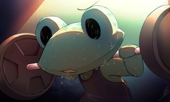 1boy barbell black_tank_top breath chibikemo colored_skin commentary doko_demo_issyo exercising frog_boy furry furry_male green_skin highres male_focus open_mouth ricky_(doko_demo_issyo) signature solid_oval_eyes solo sweat symbol-only_commentary tank_top upper_body weightlifting weights wolfaroon