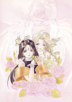 Rule 34 | 1990s (style), 2girls, aa megami-sama, absurdres, angel, angel wings, bangle, blonde hair, bracelet, brown eyes, brown hair, casual one-piece swimsuit, earrings, facial mark, feathered wings, fingerless gloves, flower, forehead mark, fujishima kousuke, gloves, gorgeous rose, highres, holding hands, jewelry, leather, leather gloves, long hair, looking at viewer, multiple girls, non-web source, official art, one-piece swimsuit, peorth (aa megami-sama), pink background, plant, ponytail, retro artstyle, rose, scan, self-scan, smile, swimsuit, thorns, vines, wavy hair, wings