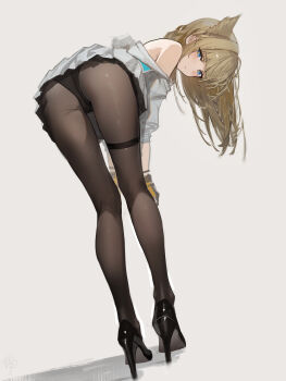 Rule 34 | 1girl, absurdres, animal ears, arknights, arknights: endfield, ass, bird ears, bird girl, black pantyhose, commentary, from behind, full body, gloves, grey background, hidulume, high heels, highres, jacket, kneepits, leaning forward, leg focus, legs, looking at viewer, looking back, multicolored gloves, panties, panties under pantyhose, pantyhose, perlica (arknights), solo, thigh strap, two-sided gloves, two-tone gloves, underwear, white jacket, yellow gloves, yellow pupils