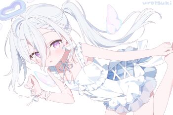 Rule 34 | 1girl, absurdres, arm ribbon, artist name, bare arms, bare shoulders, barefoot, blue halo, blush, commentary request, commission, cowboy shot, dress, hair between eyes, halo, hand up, heart, heart halo, highres, long hair, long hair between eyes, looking at viewer, open mouth, original, purple eyes, ribbon, side ponytail, simple background, skeb commission, sleeveless, sleeveless dress, solo, urotsuki (ku9625), white background, white dress, white hair, white ribbon, white theme