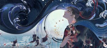 Rule 34 | 3boys, army, black hair, blood, blood drip, blue background, blue cape, blue eyes, blue hanfu, blue sky, brown hair, cape, character request, chinese clothes, collar, commentary, crying, english commentary, flag, frown, gu mang, hair ribbon, hanfu, high ponytail, highres, holding, holding flag, holding polearm, holding weapon, long hair, long sleeves, male focus, mo xi (yuwu), moon, moon phases, multiple boys, ocean, official art, open mouth, outdoors, polearm, ponytail, pouring, red cape, red ribbon, ribbon, sky, suto (sakumaaritsu), topknot, upper body, water, water clothes, watermark, waves, weapon, whale, white hanfu, wolf, yuwu