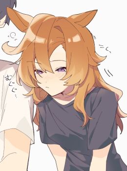 1boy 1girl alternate_hair_length_(longer) amano_(amano_miko) animal_ears bent_over black_shirt closed_mouth commentary_request hair_between_eyes half-closed_eyes horse_ears horse_girl long_hair looking_down motion_lines orange_hair out_of_frame purple_eyes shirt short_sleeves simple_background sleepy squeans t.m._opera_o_(umamusume) trainer_(umamusume) umamusume upper_body white_background white_shirt