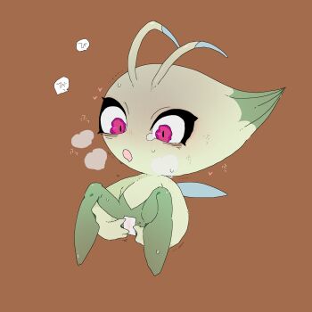 1girl alternate_eye_color antennae bags_under_eyes blush breath brown_background celebi colored_skin drooling fairy_wings female_focus flat_chest full_body gen_2_pokemon green_skin heart heavy_breathing highres japanese_text knees_up legendary_pokemon light_blush looking_down lying maebari mouth_drool multicolored_skin mythical_pokemon nintendo nose_blush on_back open_mouth pokemon pokemon_(creature) red_eyes simple_background solo spread_pussy spread_pussy_under_clothes spreading_own_pussy sweat translation_request trembling two-tone_skin wavy_eyes wings yamada_(pixiv_24040206)
