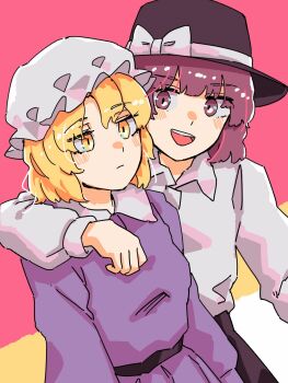 2girls arm_around_shoulder black_hat black_skirt blonde_hair blush bow brown_eyes collared_dress collared_shirt colorful_background commentary_request cowboy_shot dress expressionless hat hat_bow highres long_sleeves maribel_hearn mob_cap multiple_girls open_mouth purple_dress shirt shirt_tucked_in skirt smile teeth touhou upper_teeth_only usami_renko waist_ribbon wasabisuke white_bow white_shirt yellow_eyes