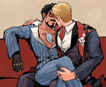 Rule 34 | 2boys, animification, avengers (series), blonde hair, brown hair, closed mouth, couch, facial hair, formal clothes, gloves, male focus, marvel, marvel rivals, multiple boys, shirt, short hair, steve rogers, tony stark, weibo 7899261198, yaoi