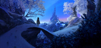 1girl angel_statue arch blue_sky boots bridge brown_hair castle city_lights cloak commentary dawn facing_away fir_tree footprints forest fur-trimmed_cloak fur_trim high_up highres horizon landscape medium_hair mountain nature nikolai_lebedev original outdoors pants path road rock scenery sky snow solo stairs standing statue stone_stairs tower town tree