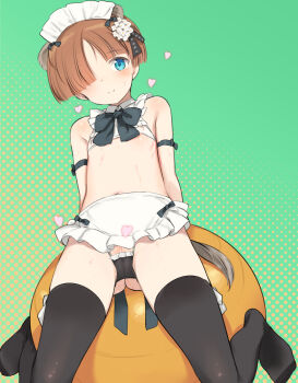 Rule 34 | 1girl, animal ears, apron, ball, bare shoulders, bikini, black thighhighs, blue eyes, brown hair, censored, clitoral hood, clitoris peek, clitoris slip, commentary request, detached collar, exercise ball, flower, hair flower, hair ornament, hair over one eye, heart, joanna elizabeth stafford, looking at viewer, luminous witches, micro bikini, navel, pussy, pussy peek, shimada fumikane, short hair, solo, string bikini, sweat, sweatdrop, swimsuit, thighhighs, waist apron, world witches series