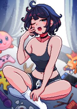 1girl artist_name artist_self-insert aseprite_(medium) black_eyes black_shorts black_tank_top blue_eyes blue_hair breasts collarbone commentary controller crash_bandicoot crash_bandicoot_(series) english_commentary food game_controller gen_1_pokemon handheld_game_console head_tilt highres hitachi_magic_wand indian_style indoors kirby kirby_(series) looking_at_viewer medium_breasts midriff navel nintendo nintendo_switch one_eye_closed open_mouth original paid_reward_available pikachu pixel_art pocky pokemon sex_toy short_hair shorts sitting smile socks solo strap_slip tank_top tears vibrator white_socks yawning yumykon yumykon_(yumykon)