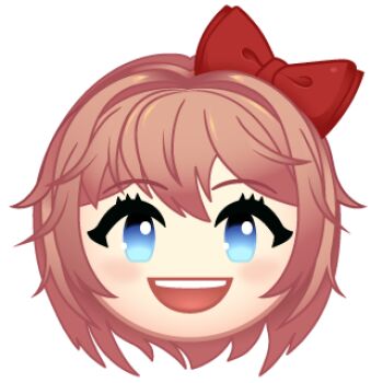 Rule 34 | 1girl, :d, artist request, blue eyes, bow, chibi, chibi only, doki doki literature club, double-parted bangs, emoji, grin, hair bow, looking at viewer, lowres, messy hair, official art, open mouth, pink hair, portrait, sayori (doki doki literature club), short hair, smile, solo