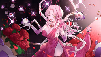 1girl absurdres antennae arthropod_girl arthropod_limbs bouquet breasts cockroach_girl commentary cup dress drinking_glass eye_mask flower heart heart-shaped_eyes highres holding holding_cup lipstick_mark long_hair maplesights mask matara_kan mole mole_on_breast open_mouth petals pink_dress pink_hair red_carpet red_flower red_petals red_rose rose second-party_source side_slit smile virtual_youtuber vshojo wine_glass