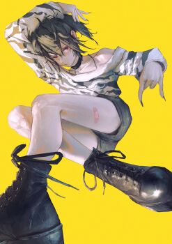 1girl \m/ absurdres bandaid bandaid_on_leg black_boots black_nails boots bra_strap choker collarbone commentary_request crossed_legs ear_piercing earrings fingernails green_hair hair_between_eyes hand_on_own_head highres impasto jewelry long_fingernails looking_at_viewer messy_hair mole mole_under_eye neg_(101neg) off-shoulder_sweater off_shoulder original painterly piercing platform_boots ponytail red_eyes short_shorts shorts sitting striped_clothes striped_sweater sweater yellow_background