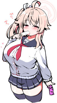 1girl ahoge black_sailor_collar blue_archive blush breasts cardigan condom condom_packet_strip condom_wrapper eating food food_in_mouth halo highres holding holding_condom holding_food holding_popsicle large_breasts licking long_hair looking_at_viewer melting melting_popsicle natsu_(blue_archive) neckerchief pink_hair pink_halo popsicle popsicle_in_mouth popsicle_stick red_neckerchief richou_(zerozero1101) sailor_collar sexually_suggestive side_ponytail simple_background tongue tongue_out white_background white_cardigan