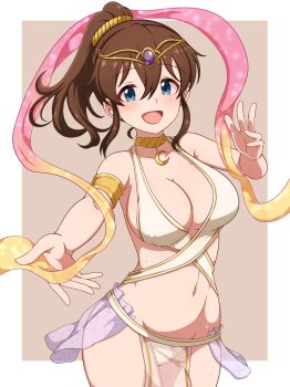 1girl absurdres armlet blue_eyes border breasts brown_hair cleavage commission cowboy_shot crescent_choker dancer gold_armlet gold_choker gold_trim harem_outfit highres idolmaster idolmaster_million_live! jewelry large_breasts milliani navel open_mouth panties pelvic_curtain pixiv_commission ponytail reaching reaching_towards_viewer revealing_clothes satake_minako see-through_clothes see-through_pelvic_curtain simple_background smile solo standing tareme tiara underwear variant_set veil white_border white_panties