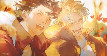 2boys artist_name black_hair blonde_hair brothers coat commentary_request floating_hair freckles highres korean_commentary looking_at_viewer male_focus multiple_boys one_eye_closed one_piece open_mouth panngam9 portgas_d._ace sabo_(one_piece) scar scar_on_face siblings smile upper_body wind