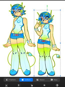 1girl art_program_in_frame blue_hair cyber_fashion fingernails highleg highleg_leotard highres leotard microsoft_windows namw67 power_symbol procreate_(medium) procreate_(software) short_hair short_shorts shorts tail thighhighs