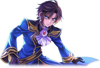 1boy black_gloves black_hair blue_eyes blue_fire closed_mouth code_geass code_geass:_lost_stories commentary_request f4samurai fire gloves highres mario_disel military_uniform neckerchief official_art pendulum_(code_geass) short_hair solo white_neckerchief