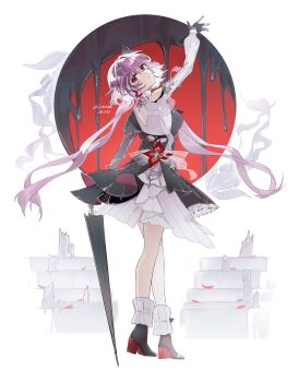 1girl absurdres asymmetrical_sleeves breasts candle circle clothing_cutout commentary dress earrings english_commentary evernight_(honkai:_star_rail) evey_(honkai:_star_rail) flower frills from_behind full_body gloves highres honkai:_star_rail honkai_(series) jewelry layered_dress long_hair march_7th_(honkai:_star_rail) memosprite mismatched_sleeves munji412 pink_hair platform_heels red_eyes signature simple_background single_bare_shoulder single_earring stairs umbrella very_long_hair