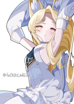 1girl 4rion animal_ear_fluff animal_ears armpits arms_up blonde_hair blue_archive bow bright_pupils buttons commentary cowboy_shot detached_sleeves double-breasted dress extra_ears fox_ears fox_girl frilled_dress frills hair_over_shoulder highres long_hair looking_at_viewer multicolored_eyes orange_bow parted_bangs pink_eyes presenting_armpit seia_(blue_archive) simple_background sleeve_bow sleeveless sleeveless_dress slit_pupils solo twitter_username two-tone_eyes white_background white_bow white_dress white_pupils wide_sleeves yellow_eyes