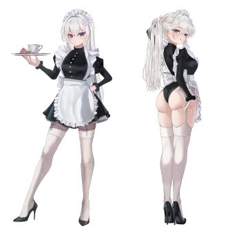 Rule 34 | 1girl, :q, absurdres, apron, artist request, ass, ass support, black leotard, black shoes, blue eyes, commentary request, contrapposto, cup, dress, flower, frilled apron, frilled dress, frills, from behind, garter belt, garter straps, grey hair, hair flower, hair ornament, heterochromia, high heels, highres, holding, holding tray, korean commentary, lanaria von lorelei (majoamtwaeji), leotard, long hair, looking at viewer, maid apron, maid headdress, mole, mole under eye, multiple views, original, shoes, standing, teacup, thighhighs, tongue, tongue out, tray, white background, white eyes, white thighhighs