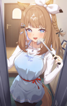 Rule 34 | 1girl, :d, almond eye (umamusume), animal ears, apron, black pants, blue apron, blue eyes, blue hair, blunt bangs, blush, bow hairband, braid, breasts, brown hair, chahanramen, character name, collarbone, colored inner hair, commentary, door, doorway, gold ring, hair ornament, hairband, hairclip, highres, holding, holding ladle, horse ears, horse girl, horse tail, housewife, indoors, jewelry, ladle, large breasts, long hair, long sleeves, looking at viewer, multicolored hair, necklace, open mouth, pants, picture frame, pov doorway, shirt, side braid, single braid, sleeves past wrists, smile, solo, symbol-shaped pupils, tail, umamusume, white hairband, white shirt, x-shaped pupils