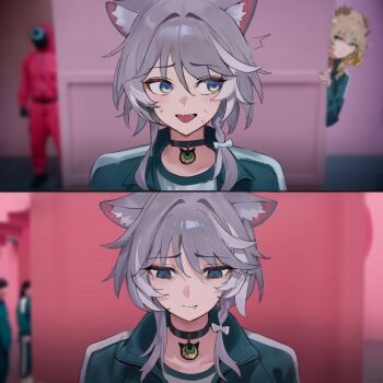 2girls ^^^ aglaea_(honkai:_star_rail) animal_ear_fluff animal_ears black_choker blonde_hair blue_eyes blue_jacket blurry blurry_background bow braid cat_choker cat_ears cat_girl choker cipher_(honkai:_star_rail) closed_mouth collarbone empty_eyes fang flower green_eyes grey_hair hair_between_eyes hair_bow hair_flower hair_ornament half-closed_eyes honkai:_star_rail honkai_(series) indoors jacket laurel_crown long_sleeves looking_at_another looking_down meme multicolored_hair multiple_girls multiple_views nervous_smile open_clothes open_jacket open_mouth puffy_long_sleeves puffy_sleeves sad shirt short_hair shuraillusts single_braid single_sidelock smile solo_focus squid_game sweat t-shirt tearing_up track_jacket two-tone_hair upper_body white_bow white_flower white_hair white_shirt year_1_&amp;_year_2_(squid_game)_(meme)