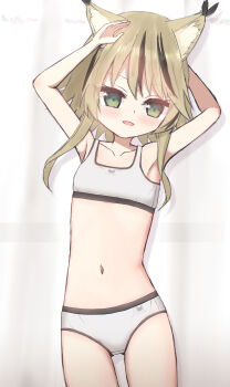 1girl animal_ears animal_print arm_behind_head arms_up black_hair blush bra breasts brown_hair cat_ears cat_girl cat_print clothes_writing collarbone crotch_seam curtains green_eyes grey_bra grey_panties loli looking_at_viewer multicolored_hair navel open_mouth original panties print_bra print_panties shooko short_hair sidelocks small_breasts smile standing streaked_hair underwear window