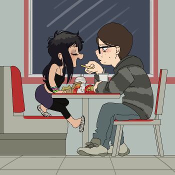 adriana_ortega&#039;s_boyfriend adriana_ortega age_difference black_hair blush brown_hair child cup denim eyelashes eyeshadow feeding flats food freckles french_fries glasses highres homunculus100 hood hoodie jeans jewelry leggings makeup mcdonald&#039;s non-web_source open_mouth original pants scene_fashion skirt smile tank_top