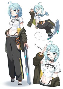1girl ahoge black_pants blue_eyes blue_hair bracelet chibi choker closed_mouth clothing_cutout crop_top cross-laced_clothes cross-laced_legwear earbuds earphones earrings flower_earrings flower_hairpin from_side green_jacket hair_ornament hairpin hand_on_own_hip hashtag-only_commentary highres hoverboard jacket jewelry key key_necklace leg_cutout long_hair looking_at_viewer matsuhisa_(ryo-tsuda1) midriff multiple_views navel necklace off_shoulder one_eye_closed open_mouth pants ponytail salute seed_(zenless_zone_zero) shirt shoes smile solo stomach teeth upper_body upper_teeth_only white_background white_shirt white_shoes zenless_zone_zero