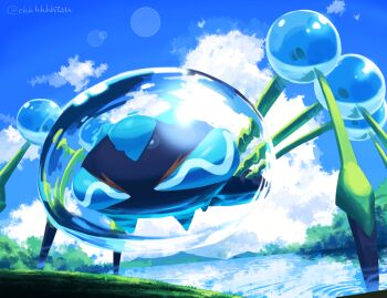 araquanid blue_eyes cloud commentary_request day gen_7_pokemon lens_flare looking_at_viewer nintendo no_humans ohhhhhhtsu outdoors pokemon pokemon_(creature) ripples sky solo twitter_username water