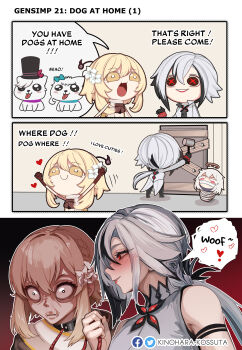 3girls 3koma aether_(genshin_impact) aether_(genshin_impact)_(cosplay) alternate_form animal_collar arlecchino_(genshin_impact) artist_name barking black_eyes black_gloves black_hair black_shirt blonde_hair blue_bow blue_bowtie blush bound bow bowtie chibi cloth_gag collar comic commentary constricted_pupils cosplay crop_top crying crying_with_eyes_open dog door english_commentary english_text facebook_logo flower gag gagged genshin_impact gloves hair_flower hair_ornament halo hammer hat heart highres holding holding_hammer holding_leash improvised_gag jacket kinohara_kossuta leash long_hair low_ponytail lumine_(genshin_impact) lynette_(genshin_impact) lyney_(genshin_impact) medium_hair meme multicolored_hair multiple_girls navel open_mouth paimon_(genshin_impact) plank ponytail red_eyes red_pupils scarf shirt smile streaked_hair symbol-shaped_pupils tears tied_up_(nonsexual) top_hat twitter_logo where's_the_cat?_(meme) white_hair white_jacket white_scarf white_shirt wide-eyed x-shaped_pupils yellow_eyes you_gonna_get_raped yuri